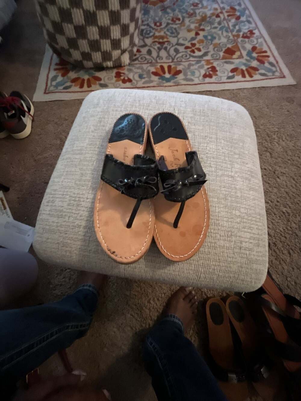 Jack Rogers 1960 Collection Black Whipstitched Leather Bow Thong Sandals